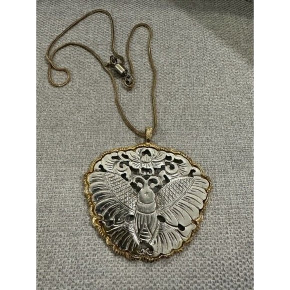 Vintage Kenneth Lane Moth Silver Tone Pendant Gold border Signed Chunky Plate - Picture 1 of 15